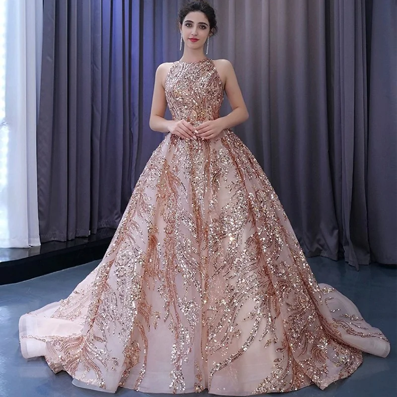 Women's Occasion Wear Clothing Rose Gold Sequin Lace Prom Dress High Neck Formal Gown