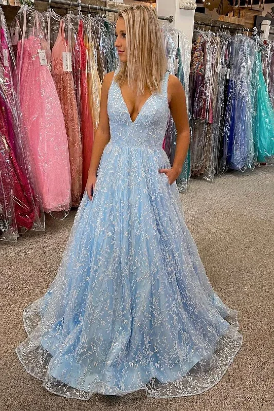 Women's Seasonal Wardrobe Clothing Princess Light Blue Lace V-Neck Backless A-Line Prom Gown