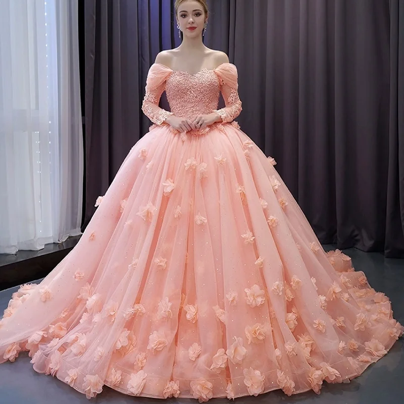 Summer Sale Blush Ball Gown Off the Shoulder Long Sleeves Sweetheart Quinceanera Dress