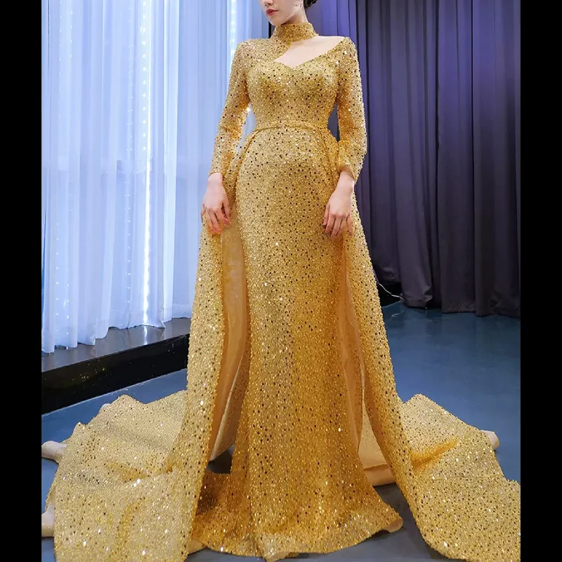 Flash Sales Today Long Sleeve Sparkly Gold Sequins Evening Dress Mock Neck Prom Gown