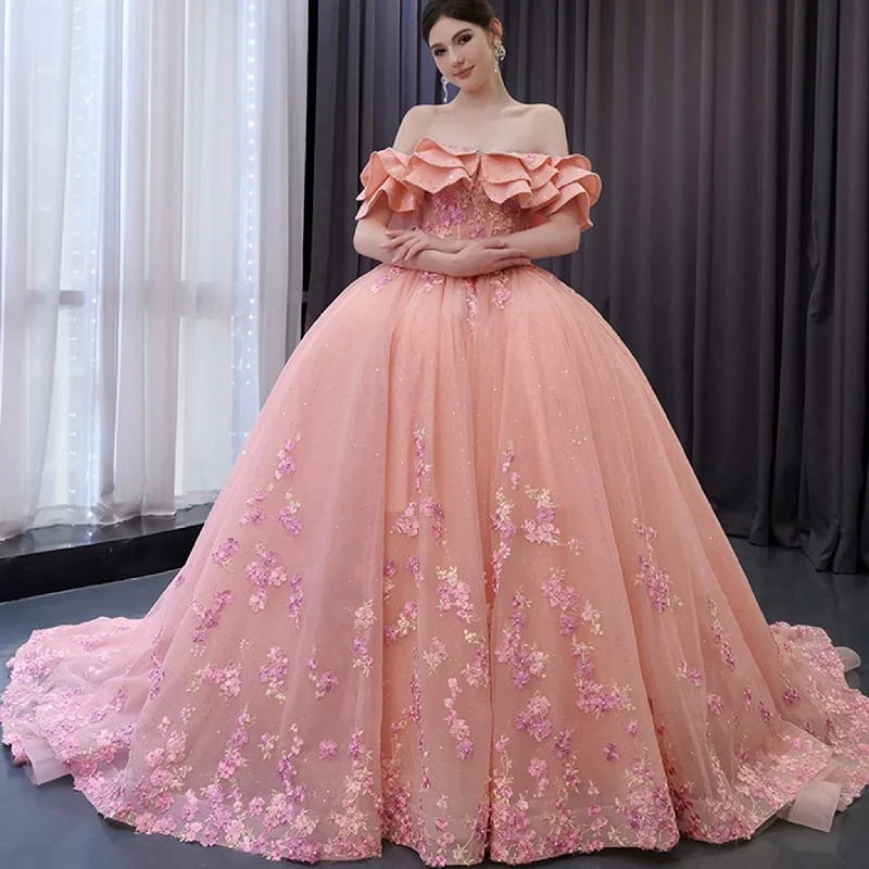 Clothes Woman Luxury Beaded Pearl Quinceanera Dress Formal Gown with Detachable Sleeve