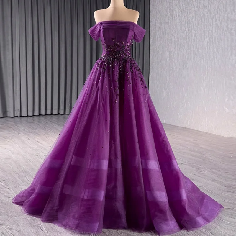 Clothes Of Woman Off the Shoulder Purple A-line Tulle Prom Dress Evening Gown