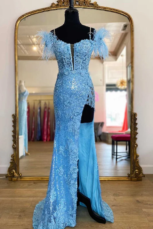 Women's Clothing For Casual Outings Blue Sequin Appliques Cold-Shoulder Long Prom Gown with Slit