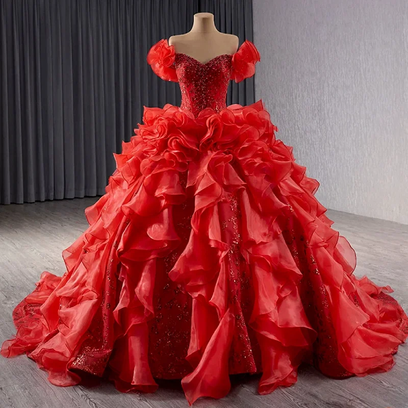 Best Online Boutiques Ruffle Red Quinceanera Dress Sequined Evening Gown with Off the Shoulder