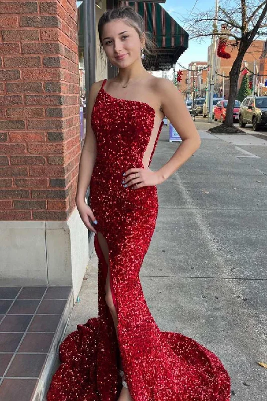 Women's Trendy Casual Clothes One-Shoulder Red Sequin Mermaid Long Prom Gown with Slit