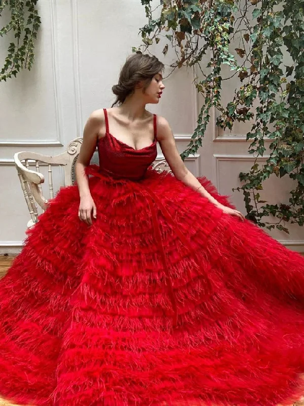 Holiday Gift Guide Sale Straps Long A-line Red Tulle Feathers Prom Dresses, Luxury Ball Gown, 2020 Prom Dresses