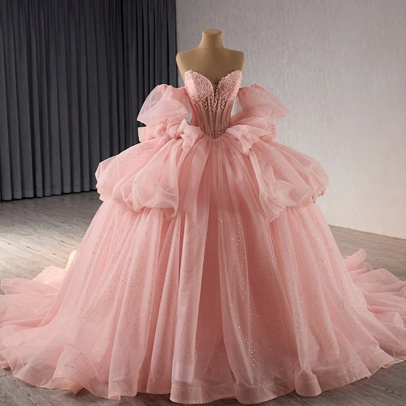 Trendy Outfits For Girls Blush Puffy Skirt Ball Gown Quinceanera Dress with Detachable Sleeve