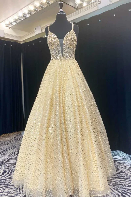 Casual Clothing For Women Fairy-Tale Yellow Beaded Plunge Neck A-Line Prom Gown