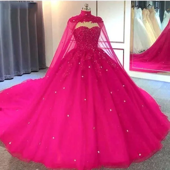 Versatile Women's Fashion 2025 Hot Pink Quinceanera Dresses Sweet 16 Ball Gown Detachable Cape