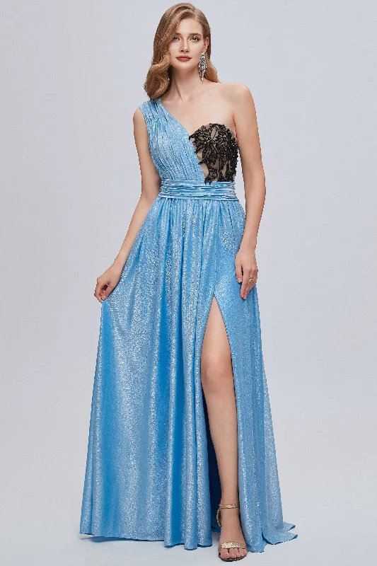 Women's Clothing For Travel Blue One-Shoulder Bustier A-Line Long Prom Gown