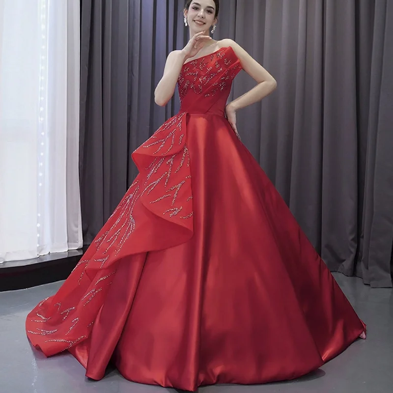 Women's Clothing Boutique High-end Red Beading Prom Dress Asymmetrical Neck Formal Gown