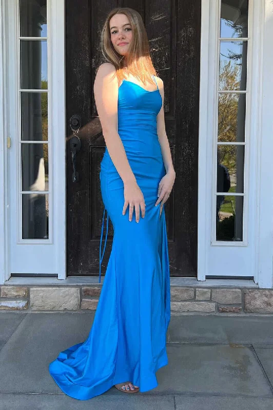 Women's Formal Event Clothing Blue Straps Lace-Up Mermaid Long Prom Gown