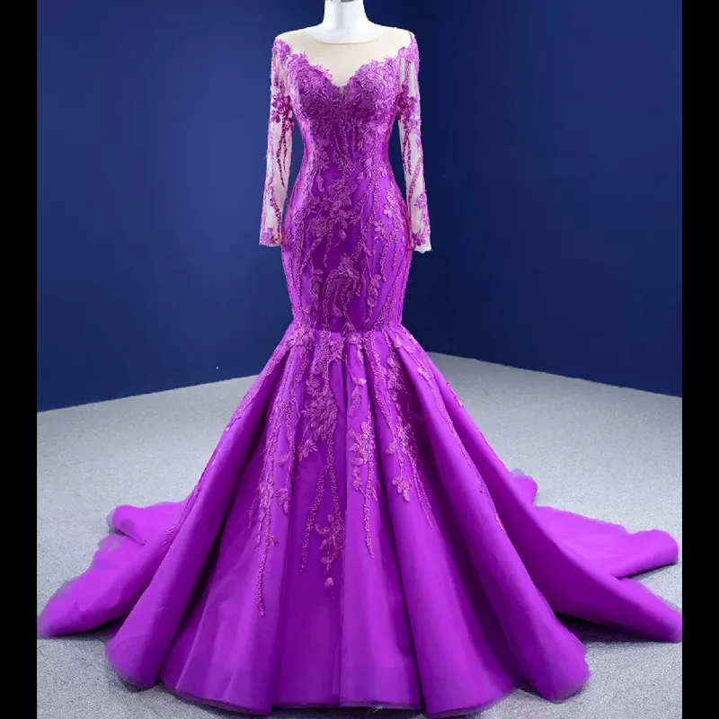 Flash Sale Clothing Luxury Evening Wear Long Sleeve Lace Party Dress Purple Prom Gown