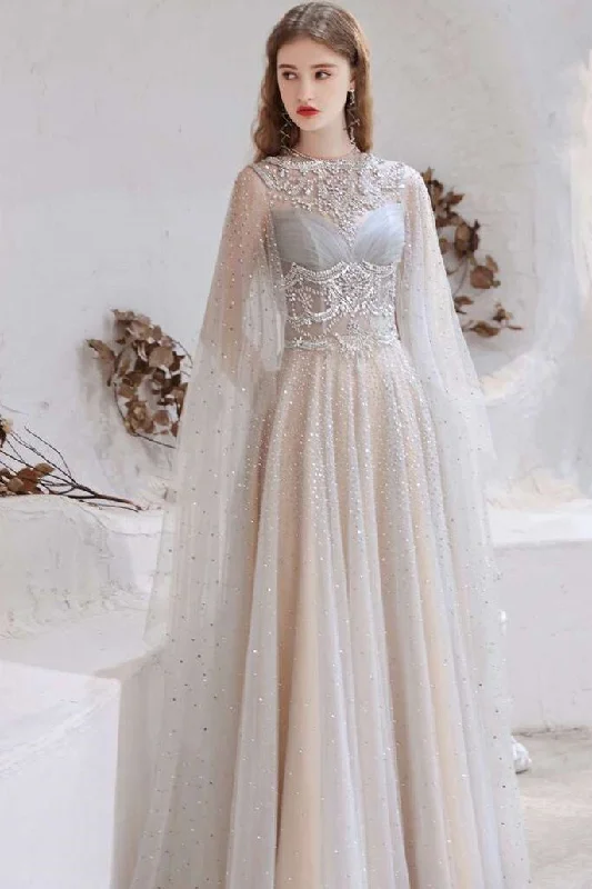 Trendy Athleisure Clothing For Women Glamorous Light Grey Tulle Beaded Long Prom Gown with Cape