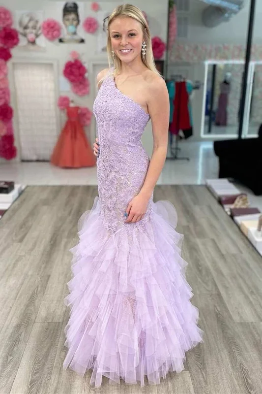 Stylish Outerwear Clothing For Women Lavender Lace One-Shoulder Tiered Trumpet Long Prom Gown