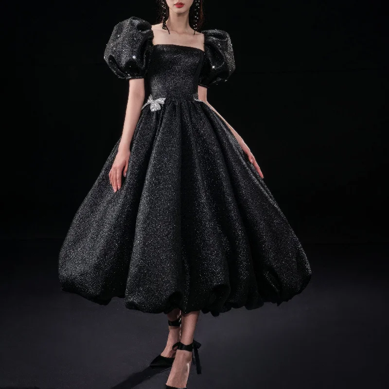 Online Impressions Boutique Black Cocktail Dress Calf Length Party Gown with Puffy Short Sleeve