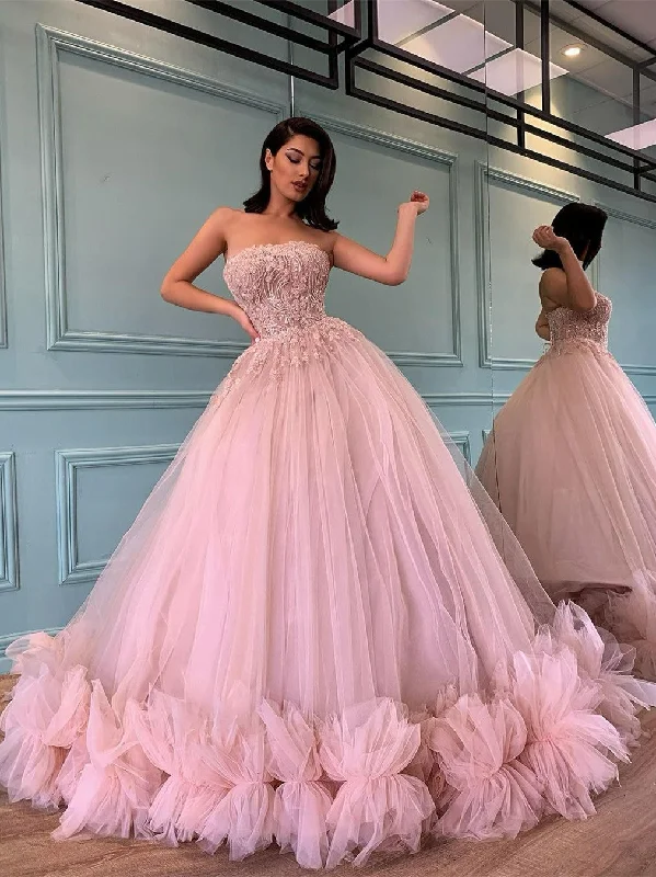 Women's Evening Clothing Strapless Pink Tulle Beaded Prom Dresses, A-line Ball Gown Quinceanera Dresses, Prom Dresses