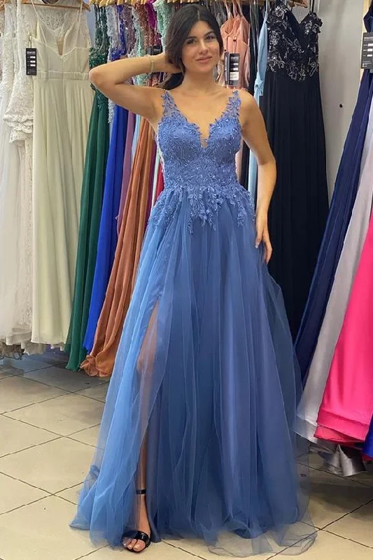 Women's Clothing With Trendy Designs Periwinkle Tulle Lace Appliqués A-Line Prom Gown