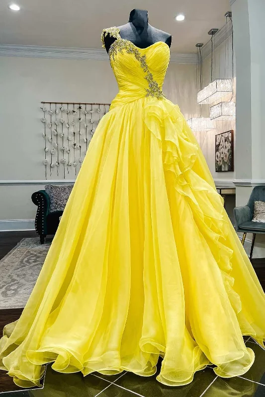 Formal Clothing For Women One-Shoulder Yellow Beaded Ruffles Long Prom Gown