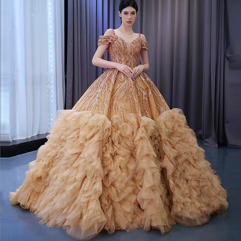 Fashion-Forward Women's Clothing Luxury Off Shoulder Puffy Ball Gown Quinceanera Dress with Beaded Pearls