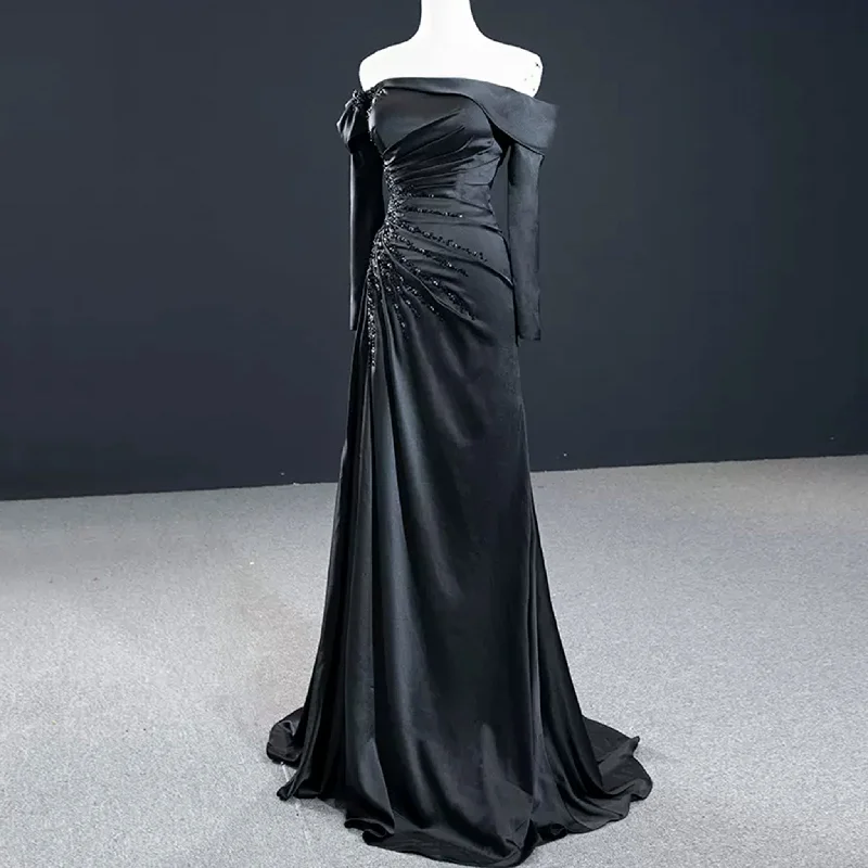 End Of Season Sale Clothing Black High Slit A-Line Beaded Party Gowns Evening Dress