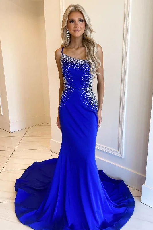 Affordable Women's Clothing Blue Beaded One-Shoulder Backless Mermaid Long Prom Gown