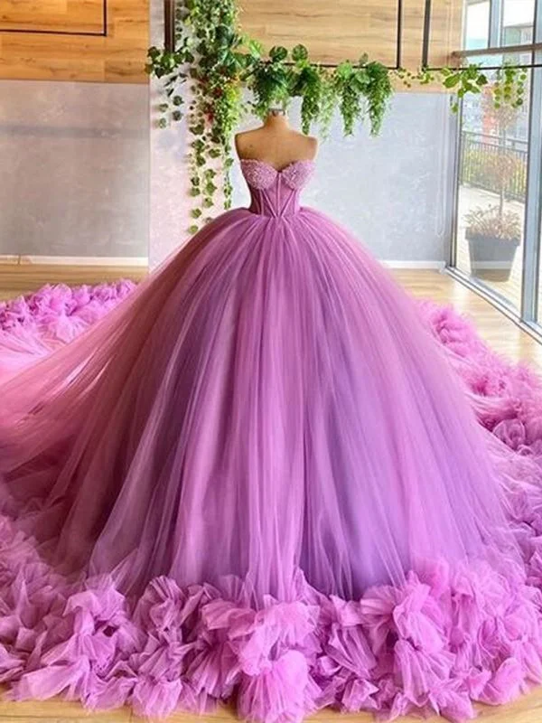 Luxury Women's Clothing Sweetheart Long Ball Gown Purple Tulle Prom Dresses, Lovely Prom Dresses, Princess Evening Dresses