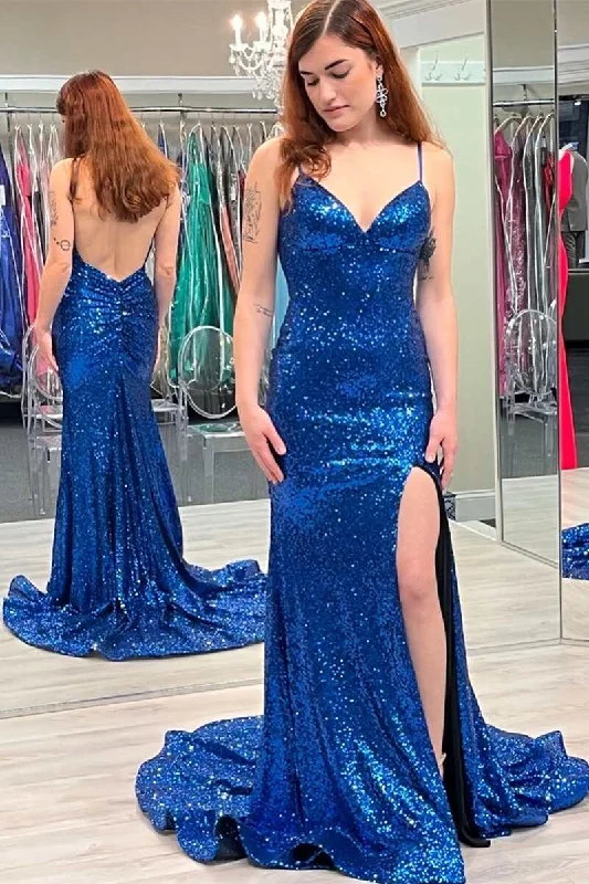 Women's Tops And Clothing Ocean Blue Sequin V-Neck Backless Mermaid Long Prom Gown with Slit