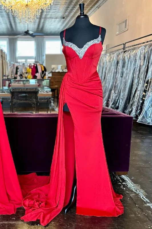 Women's Professional Clothes Red Beaded Queen Anne Neck Straps Long Formal Gown with Attached Train