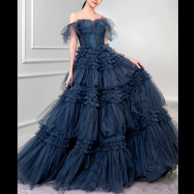 Sale On Sale Ball Gown Multi-Level Tulle Dark Blue Quinceanera Dresses