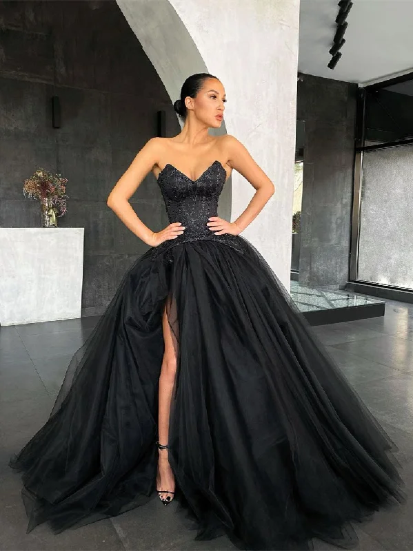 Women's Clothing For Holiday Travel V-neck Long Ball Gown Black Prom Dresses, Lace Tulle Prom Dresses, Newest Prom Dresses