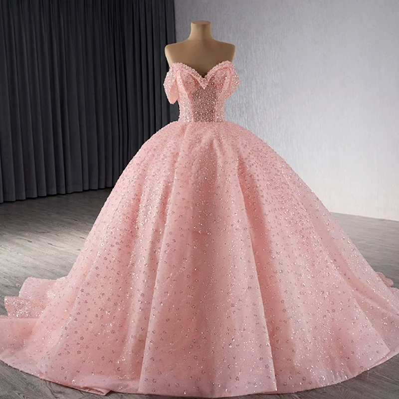 Women's Fashion Clothing Sparkly Pink Quinceanera Dress Formal Gown with Off the Shoulder