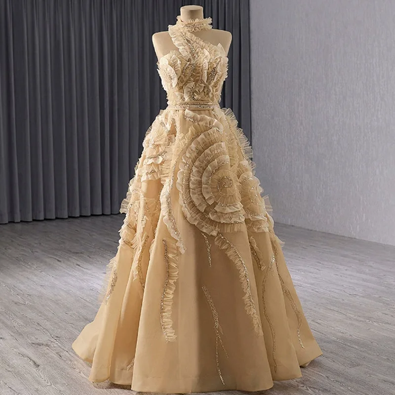 Best Online Clothing Boutiques High-end Champagne Sequins Ruffle Formal Gown Prom Dress