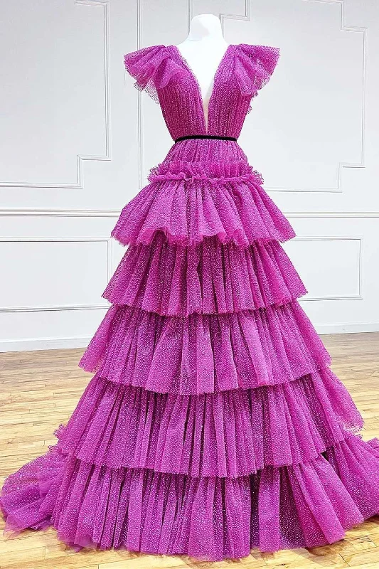 Comfortable Lounge Clothing Magenta Plunge Neck A-Line Tiered Ball Gown with Ruffles