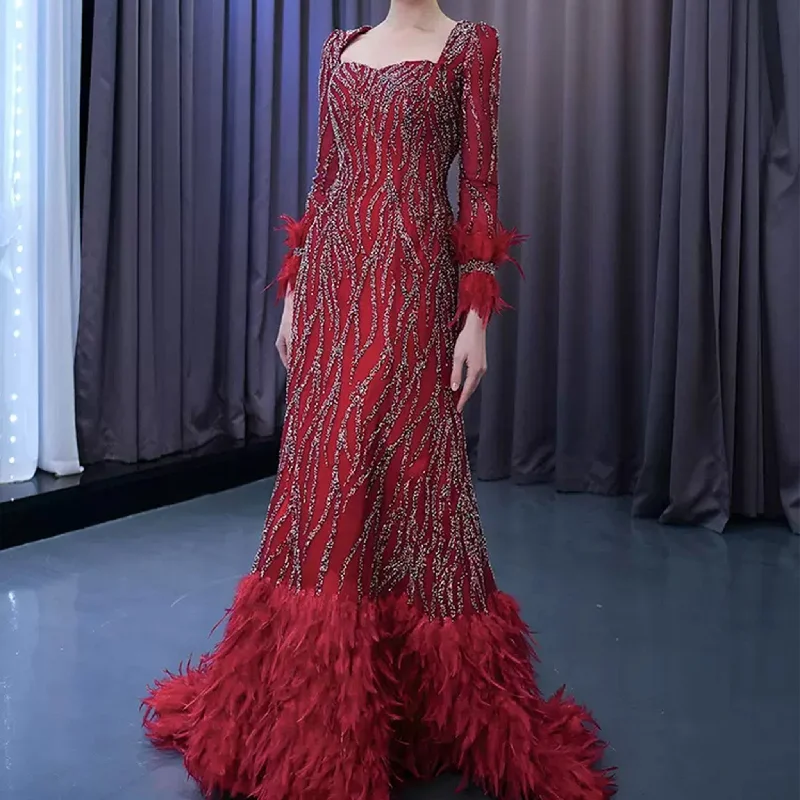 Women's Clothing Sale Burgundy Long Sleeves Feathers Evening Gown Square Neck Beaded Prom Dress