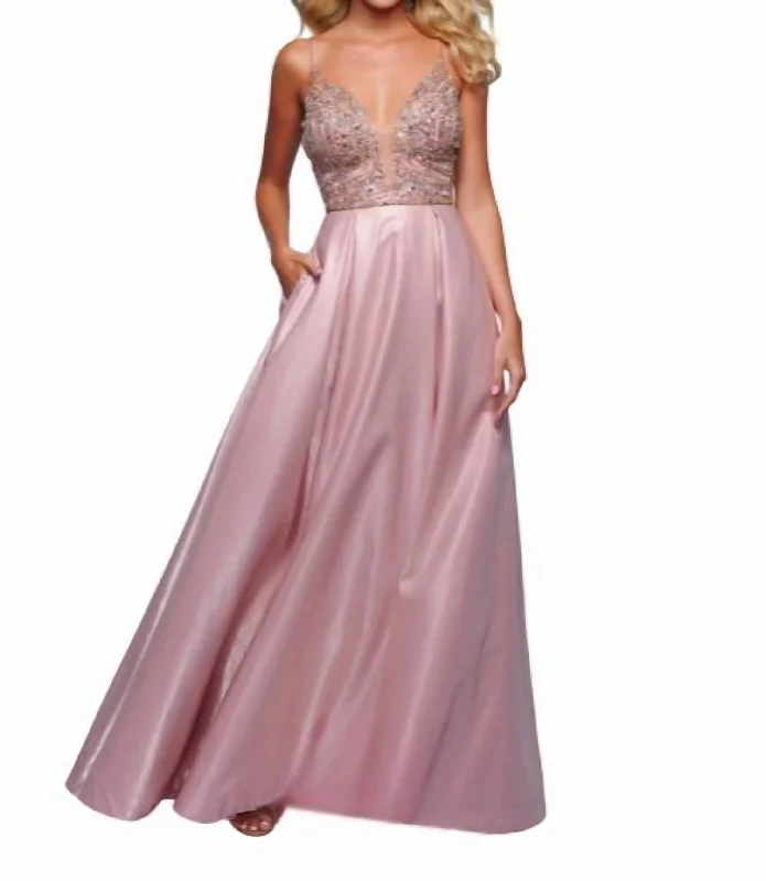 Classic Clothes For Women Beaded Bodice A-Line Gown In Rose Gold