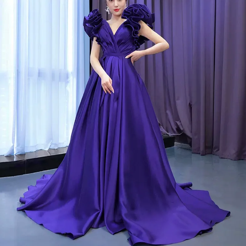 Sale Clearance Puffy Ruffle Sleeve A-line Prom Dress Vneck Formal Gown Leg Slit