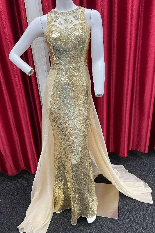 Sustainable Women's Clothing Gold Sequin Illusion Beading Long Formal Gown with Attached Train