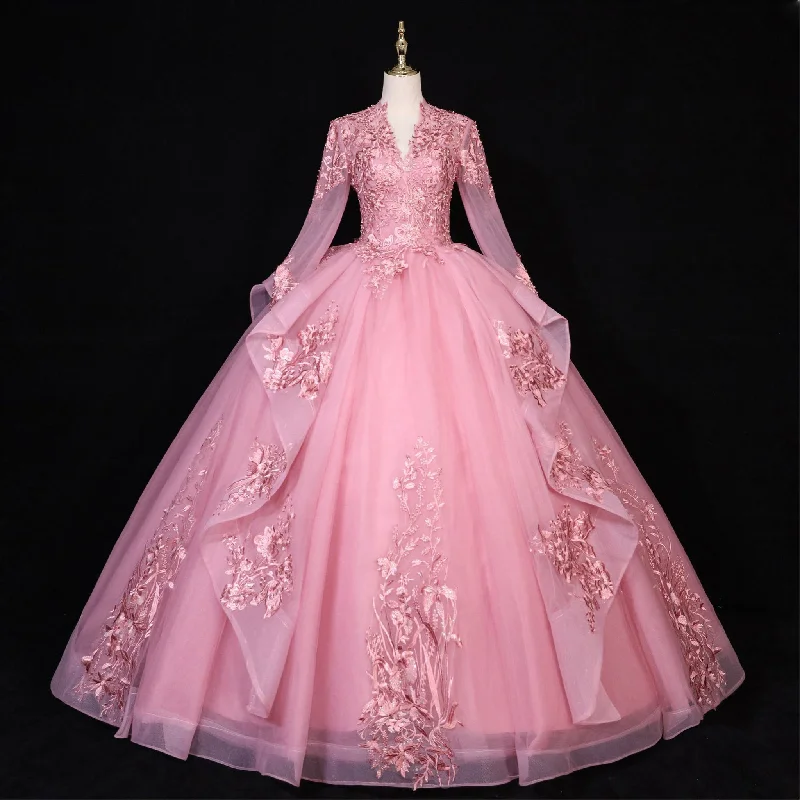 Online Boutiques Clothing Fashion Long Sleeves Ball Gown V-Neck Lace Applique Prom Dress