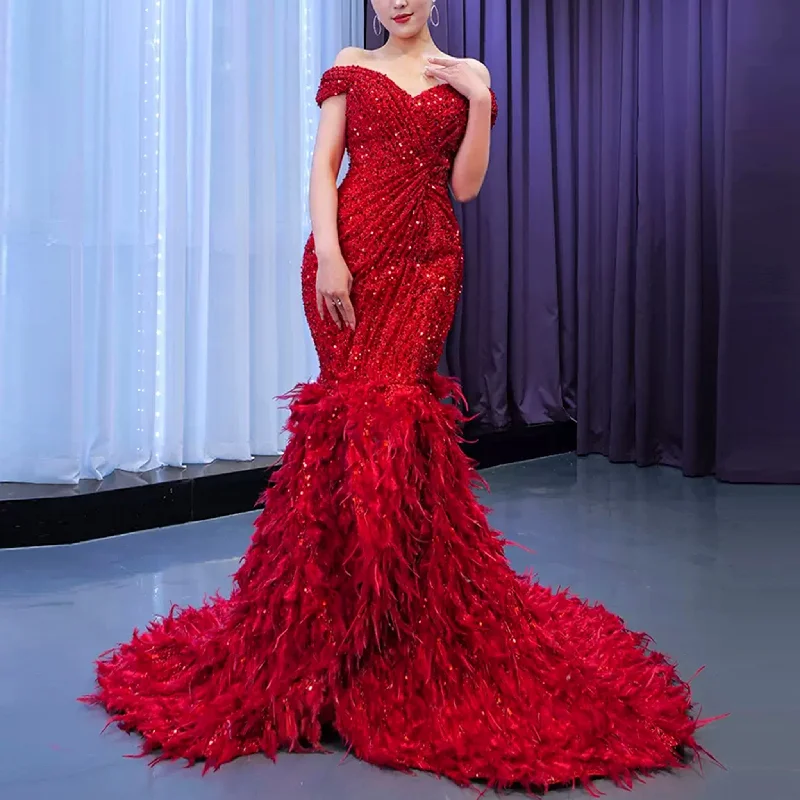 Clothes Women High-end Luxury Red Evening Dress Trumpet Prom Gown with Feathers