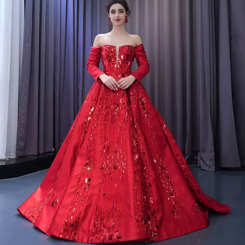 Top 10 Women's Online Clothing Stores Red Off the Shoulder Sequin Quinceanera Dress Long Sleeve Formal Gown