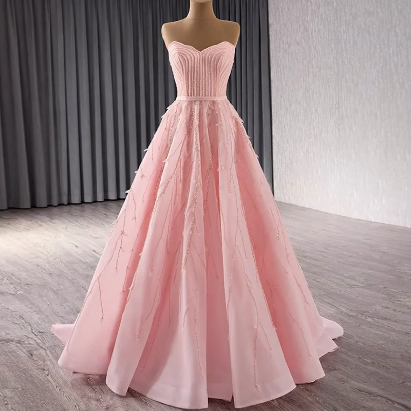 Women Clothes A-Line Floor Length Women Pink Prom Party Gowns Evening Dress