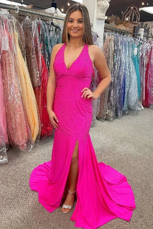 Women's Office Clothing Neon Pink Beaded Halter Backless Mermaid Long Prom Gown