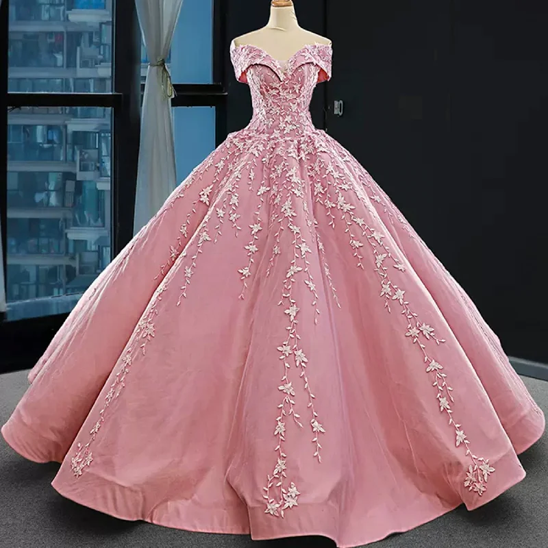 Online Boutique Stores Pink Ball Gown Lace Appliqued Vneck Quinceanera Dresses