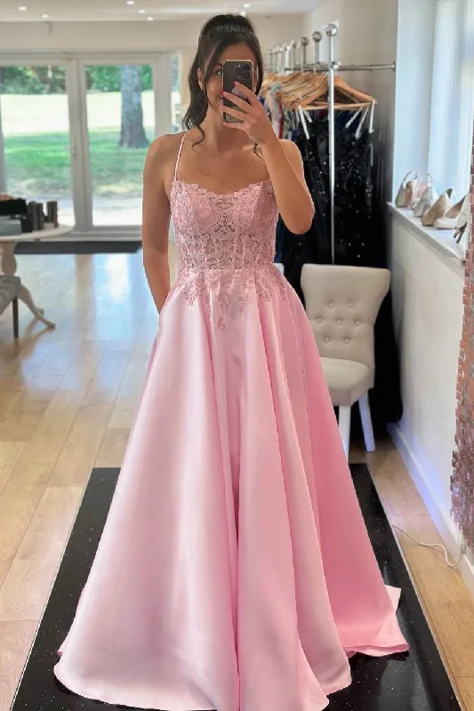 Exclusive Discount Spaghetti Straps Appliques A-Line Empire-Waist Sleeveless Long Prom Formal Gown