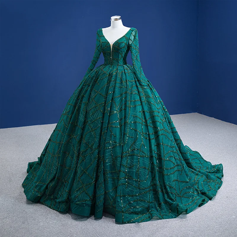 Sale For Women Fashion Long Sleeves Ball Gown Green Deep V Neck Prom Dress