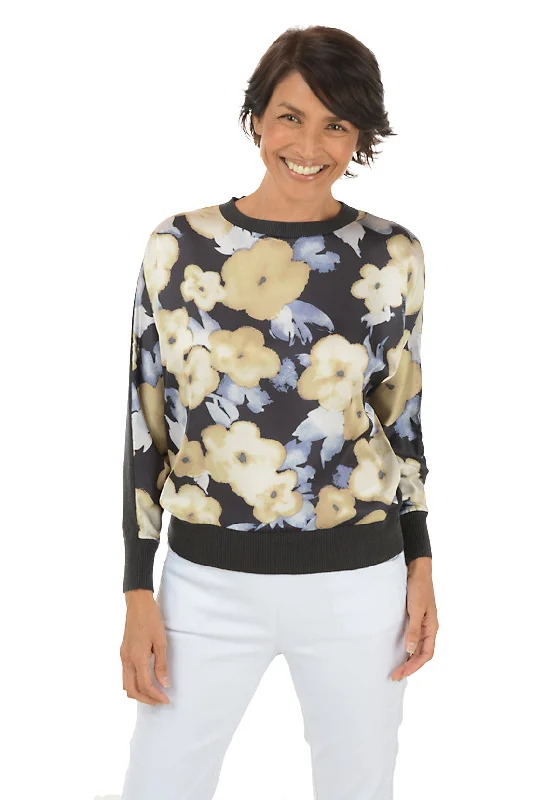 Affordable Fashion for Women Floral Collage Silky Front Sweater