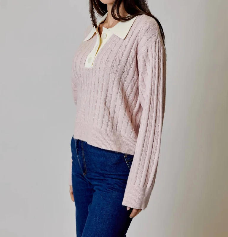 New Arrival Discount Button Collar Cable Knit Sweater In Pink/ivory