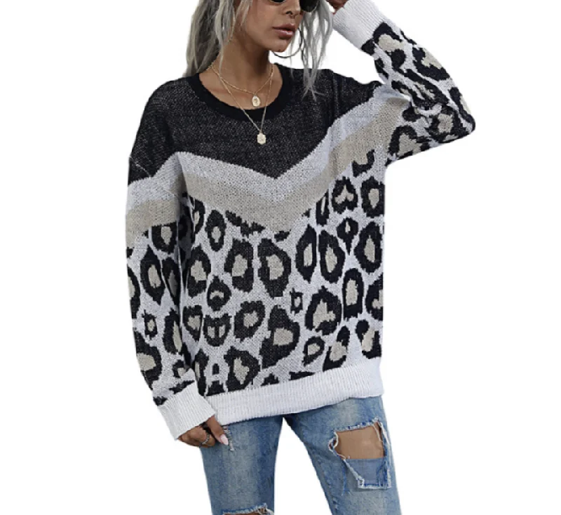 Feminine Dresses for Women in Bold Prints Womens Leopard Print Round Neck Sweater