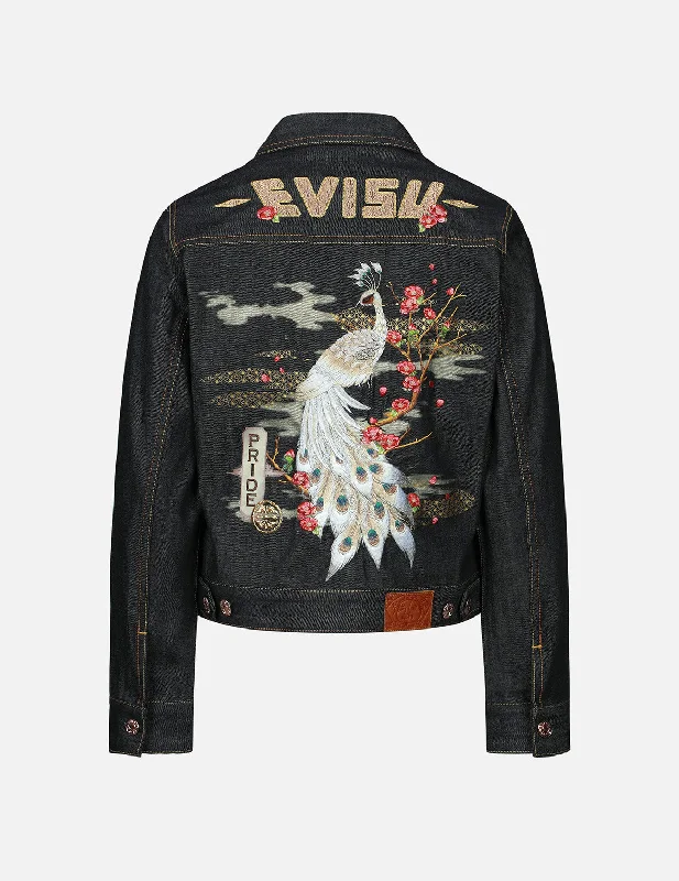 Online Boutiques Clothing Peacock and Tsubaki Embroidery Denim Jacket